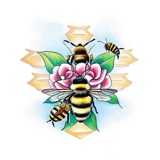 A Traditional Tattoo Of A Bee Surrounded By Honeycombs And Flowers