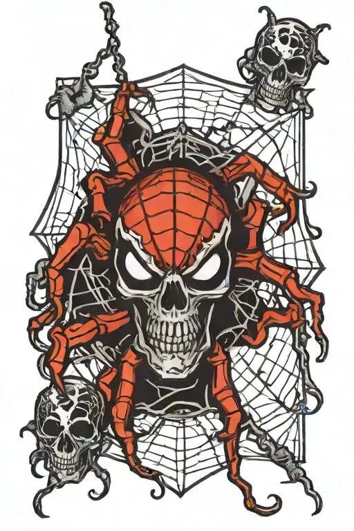 Spider Hanging From Web Over Scull Red And Black