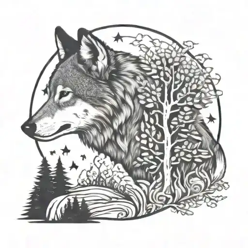 Wolf And Nature Elements Like Trees Mandela Style Mixed