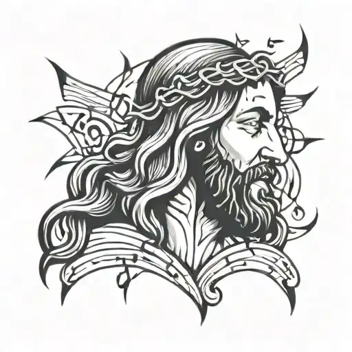 A Stylized Portrait Of Jesus Christ With Musical Notes Flowing Around Him