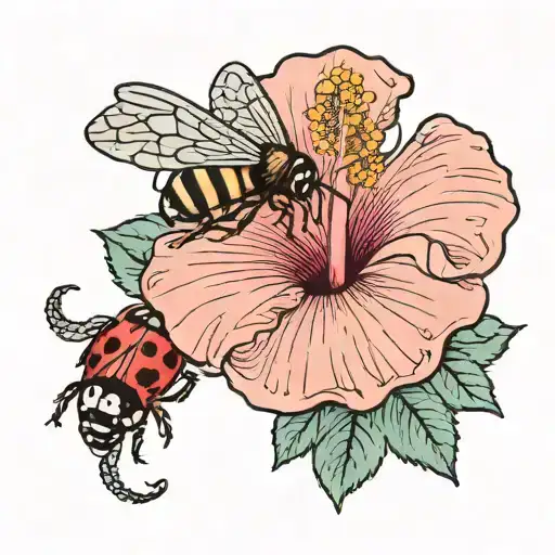 Light Pink Hibiscus Flower With Tiny Lady Bug And Bumble Bee Flying Behind It