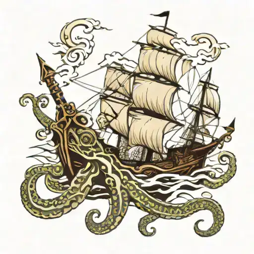 Kraken Pulling A Ship Sailing