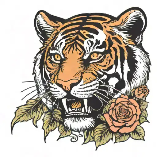 Tiger Face With A Skull In Its Mouth And Roses Around It