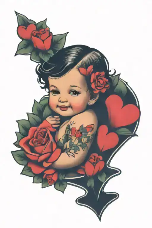 Smiling Baby Girl With Flowers And Heart