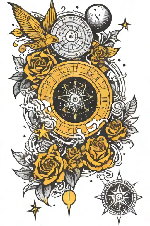 A Celestial-themed Tattoo Incorporating Elements Of Astrology And Music