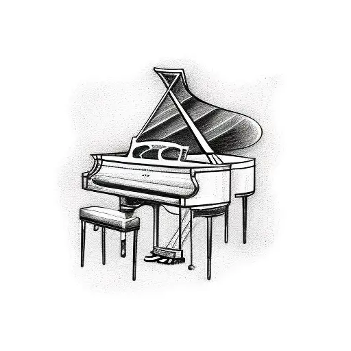 A Detailed Sketch Of A Grand Piano Surrounded By Vibrant Abstract Shapes