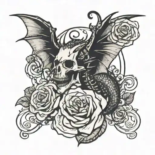 Gothic Style Tattoo With A Dragon Skulls And A Rose