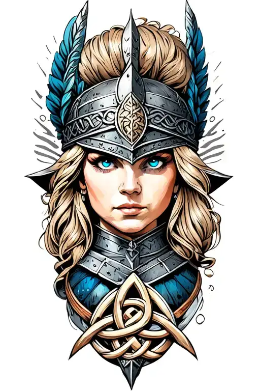 Valkyrie With Blue Eyes On Armor Tattoo Design Featuring Celtic Trinity Knot