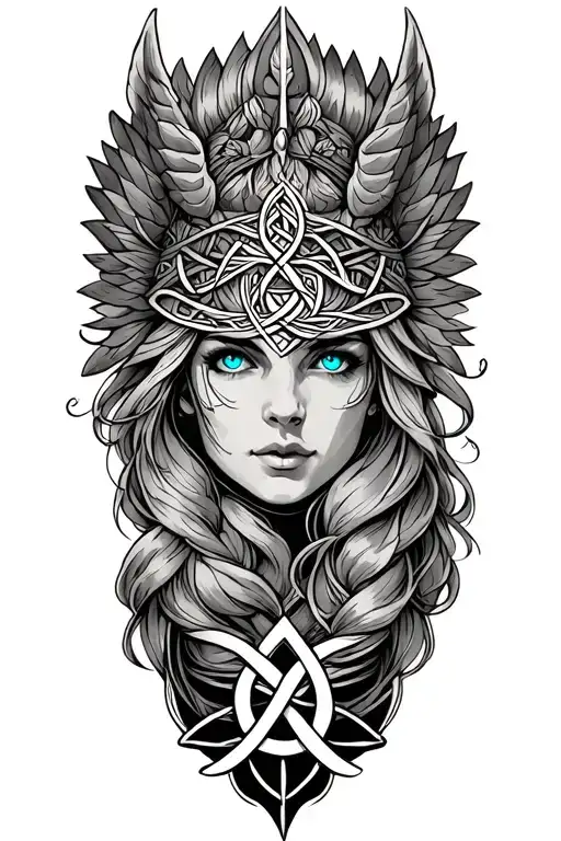 Valkyrie With Blue Eyes On Tattoo Design Featuring Celtic Trinity Knot