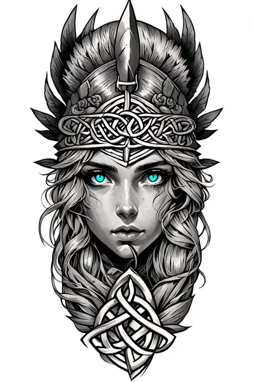 Valkyrie With Blue Eyes On Tattoo Design Featuring Celtic Trinity Knot