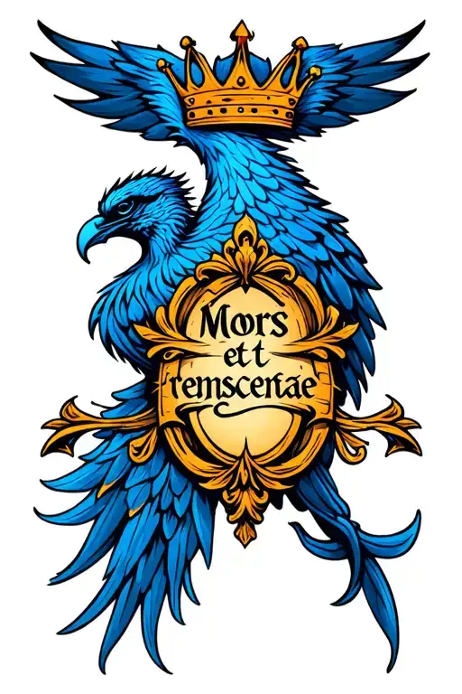 Mors Et Renascentiae Inscription Stylized As A Crown And Blue Phoenix