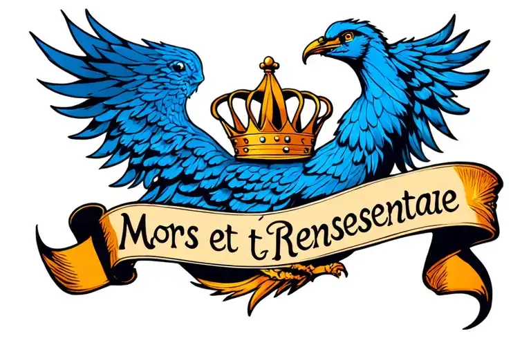 Mors Et Renascentiae Inscription Stylized As A Crown And Blue Phoenix