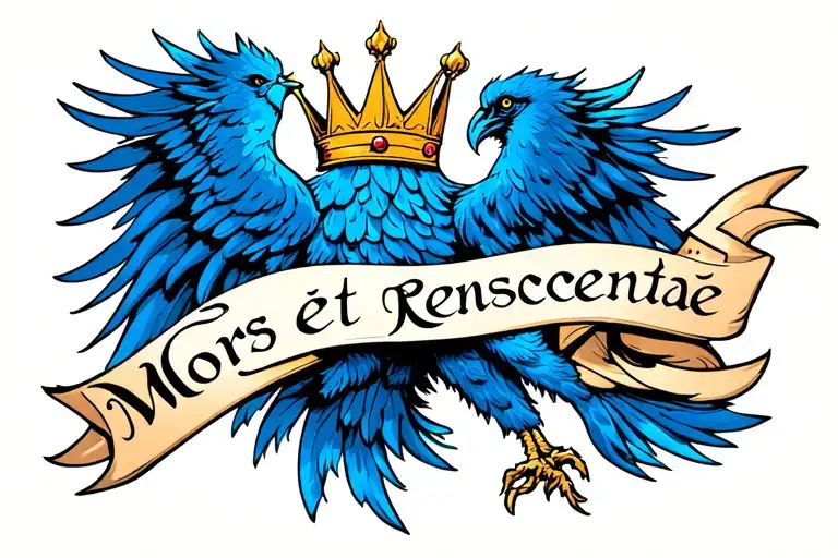 Mors Et Renascentiae Inscription Stylized As A Crown And Blue Phoenix