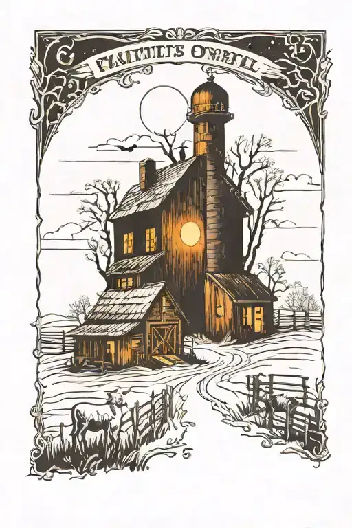 A Hauntingly Beautiful Scene Of A Farm At Night With Eerie Shadows And Glowing Eyes