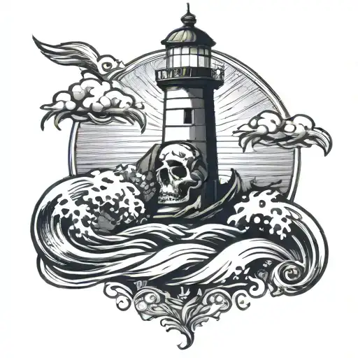 Lighthouse Skull Water Waves