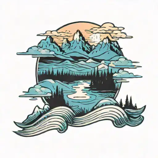 Two Rivers Meeting With Mountain Range Silhouette