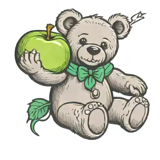 Grey Teddy Bear Holding Green Apple