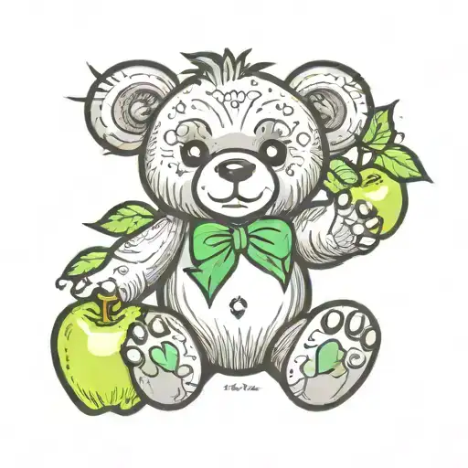 Grey Teddy Bear Holding Green Apple Both Hands