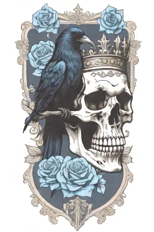 Skull Wearing Crown With Raven On And Blue Roses Intertwined