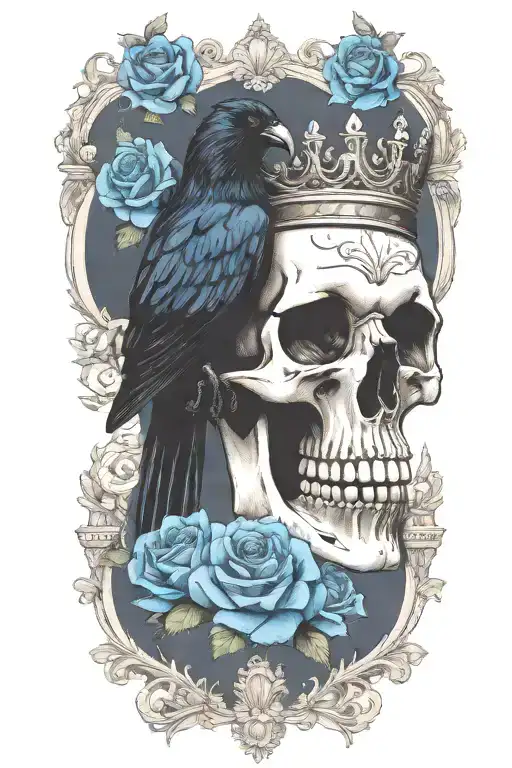 Skull Wearing Crown With Raven On And Blue Roses Intertwined