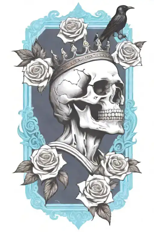 Skull Wearing Crown With Raven On Skull And Blue Roses