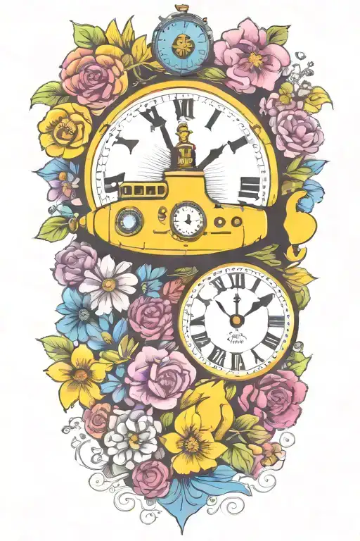 Yellow Submarine With Colorful Flowers And Clock And Rainbow