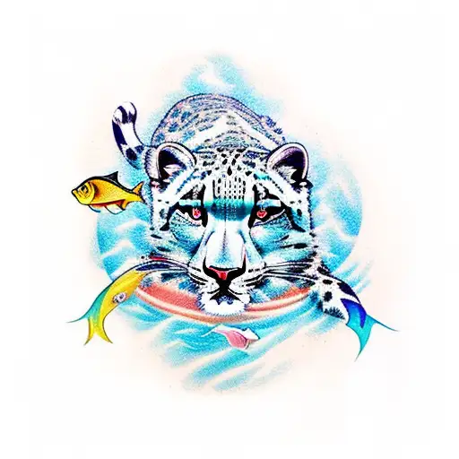 A Majestic Snow Leopard Gracefully Swimming Underwater Surrounded By Colorful Fish