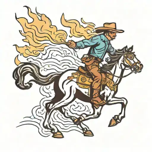 Cowboy With Flames Behind Him As He's Walking