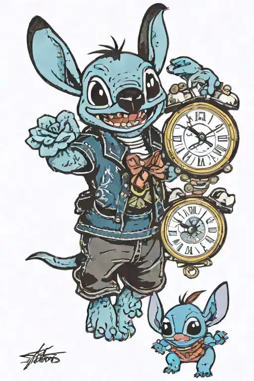Stitch And Lilo Holding Clock