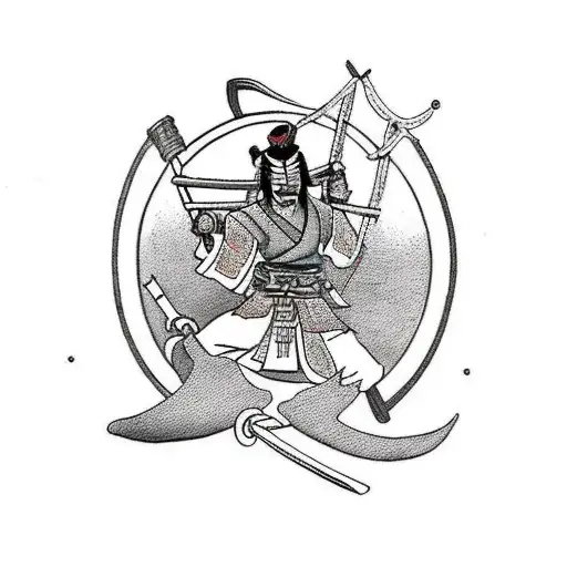 Samurai With 3 Swords With Cherry Blossom Background