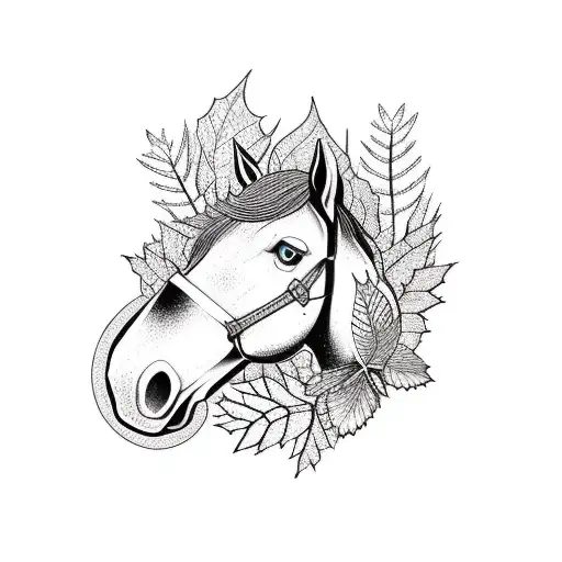 Neo Traditional All Black Horse Head With Blackberry Bush Framing With Autumn Leaves