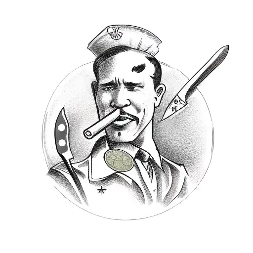 A Detailed Sketch Of A Businessperson Holding A Knife And Surrounded By Money