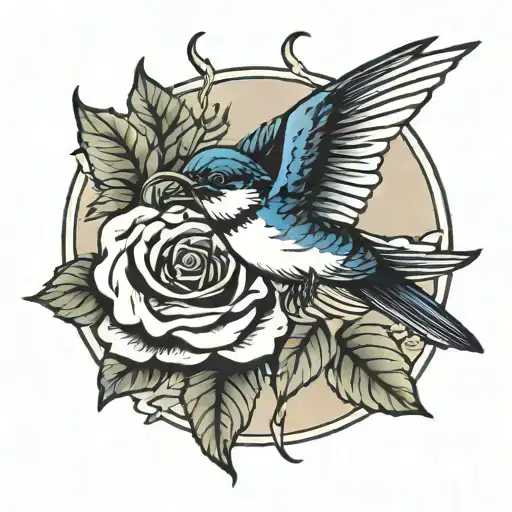 A Swallow Flying Holding A Rose With His Mouth