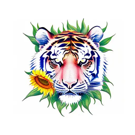 Tiger With Lover And Fighter In The Eyes And Sunflowers