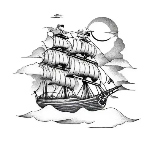 Pirate Ship With Black Sails And Clouds That Look Like Skulls