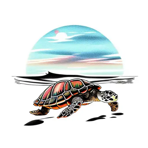Turtle On The Beach With Sunset In The Background