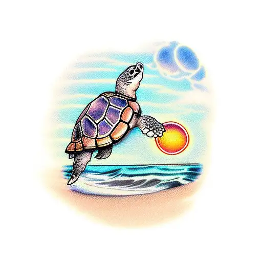 Turtle On The Beach With Sunset In The Background