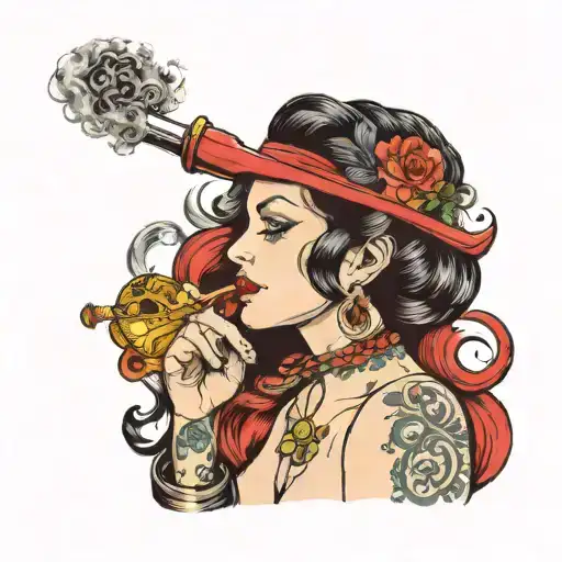 A Beautiful Woman With Black Hair Smoking Pipe
