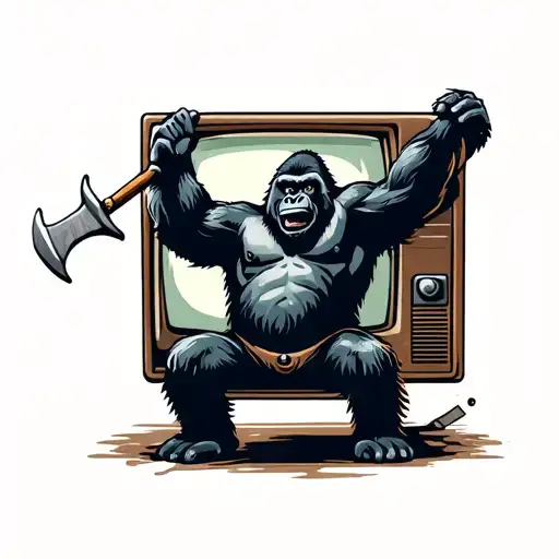Gorilla Breaking A Crt Screen With A Flail
