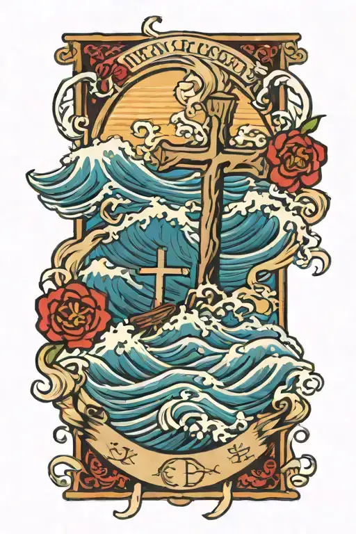 Rough Sea Waves And 3 Crosses In Background