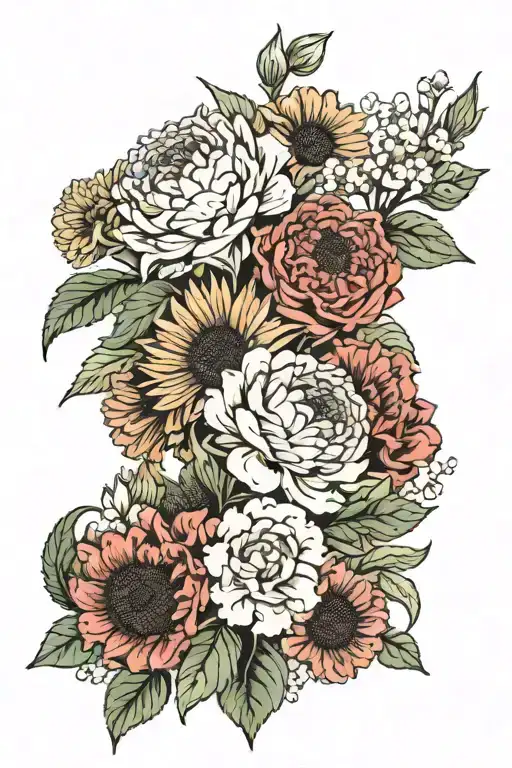 Boquet Of April And August Birth Flowers With Carnations And Colored Sunflowers Added