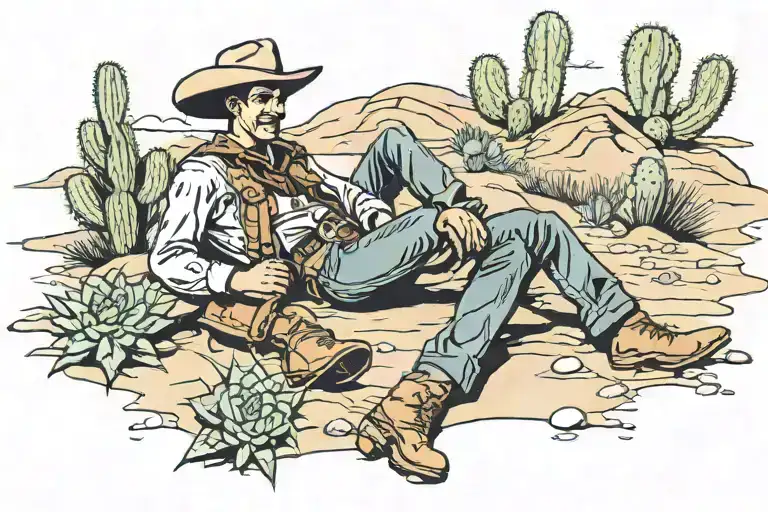 Cowboy Laying Down In Desert Feet Resting On A Cactus