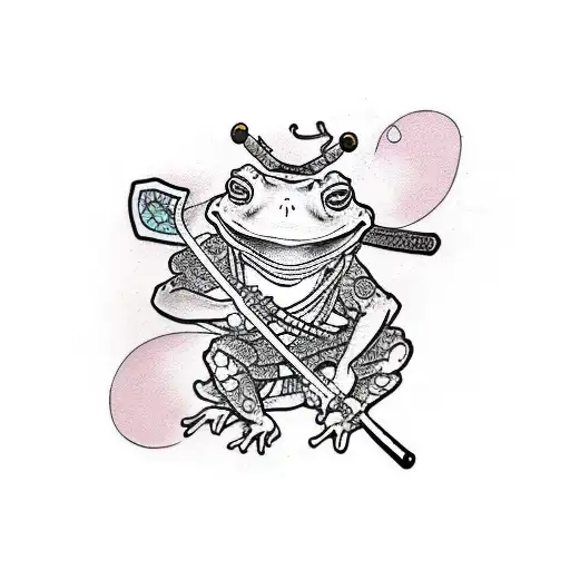 Samurai Frog Wielding A Death Scythe In A Traditional Japanese Garden