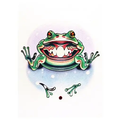 A Traditional Japanese Oni Mask With A Frog Motif And Blood Splatters