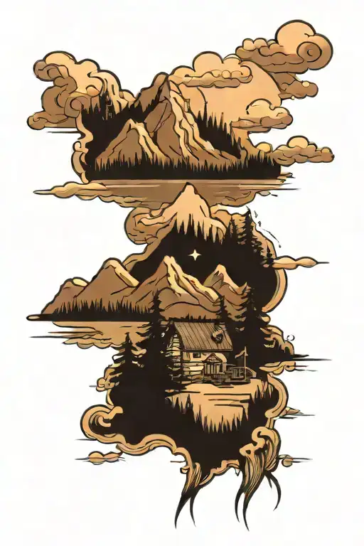 Mountains Forest River Cottage Grass Clouds