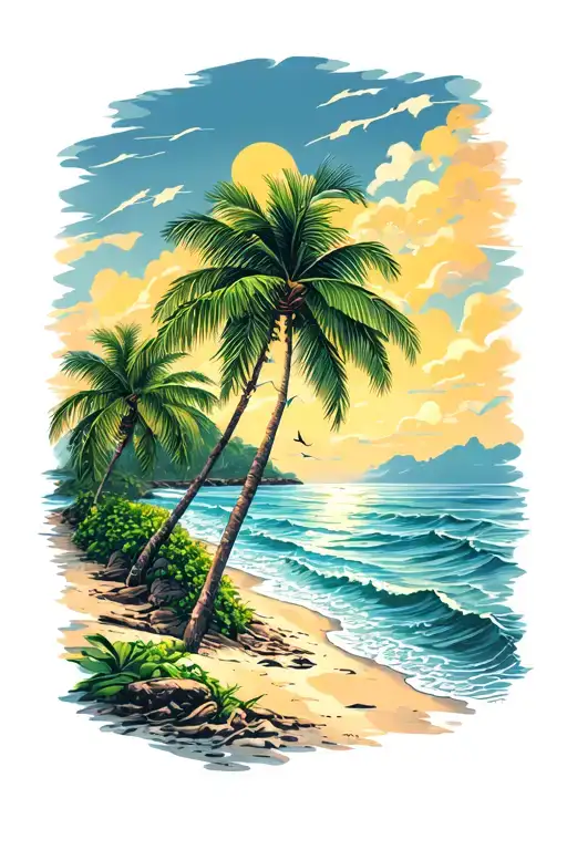 Traditional Tattoo Beach Scene Featuring Palm Trees