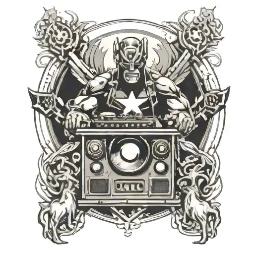 A Black-grey Tattoo Of A Marvel Superhero Djing At A Concert With A Crowd Of Fans In The Background