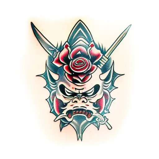 Oni Mask With A Sword And The Rose Of Sharon