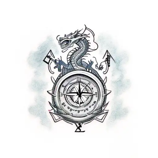 A Dragon Holding A Traditional Compass With Witch's Knot