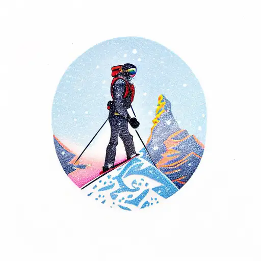 A Skier Gracefully Carving Down A Snowy Mountain Slope With A Breathtaking Sunset Backdrop